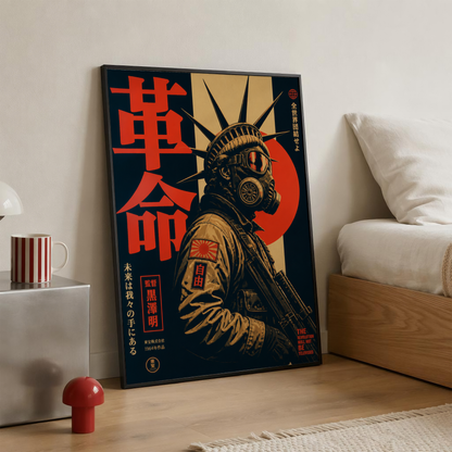 Cyberpunk Gas Mask Poster, Neo Tokyo Wall Art, Dystopian Futuristic Print, Retro Japanese Propaganda Decor