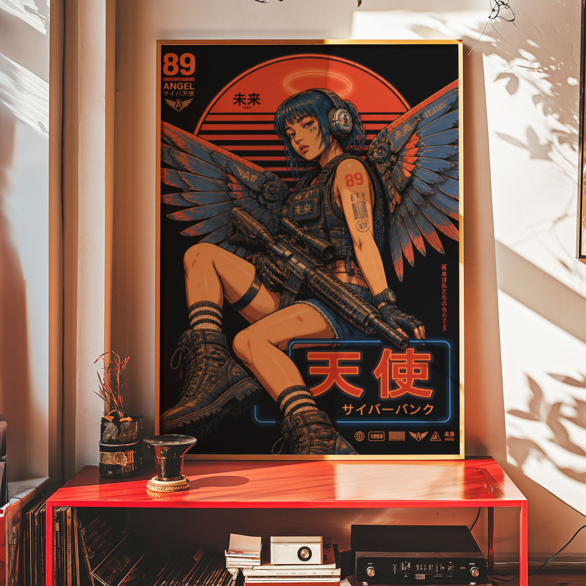 Cyberpunk Angel Girl Poster, Futuristic Neon Wall Art, Japanese Sci Fi Print, Dark Techwear Decor