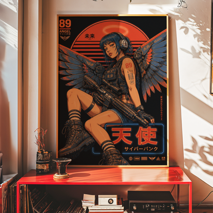 Cyberpunk Angel Girl Poster, Futuristic Neon Wall Art, Japanese Sci Fi Print, Dark Techwear Decor