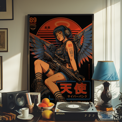 Cyberpunk Angel Girl Poster, Futuristic Neon Wall Art, Japanese Sci Fi Print, Dark Techwear Decor