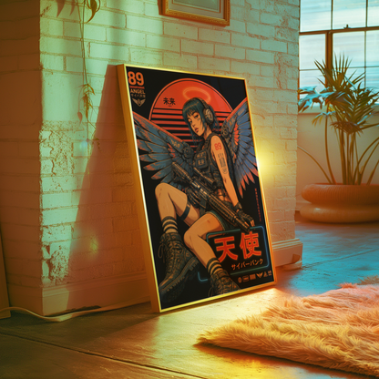 Cyberpunk Angel Girl Poster, Futuristic Neon Wall Art, Japanese Sci Fi Print, Dark Techwear Decor