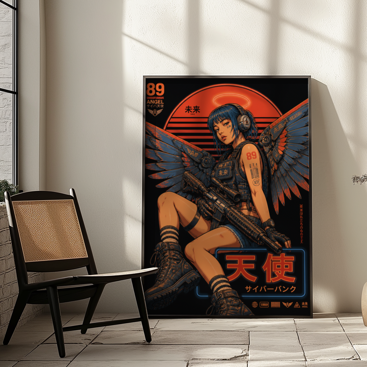 Cyberpunk Angel Girl Poster, Futuristic Neon Wall Art, Japanese Sci Fi Print, Dark Techwear Decor
