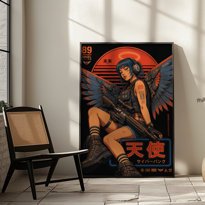 Cyberpunk Angel Girl Poster, Futuristic Neon Wall Art, Japanese Sci Fi Print, Dark Techwear Decor