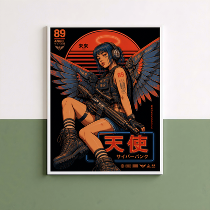Cyberpunk Angel Girl Poster, Futuristic Neon Wall Art, Japanese Sci Fi Print, Dark Techwear Decor