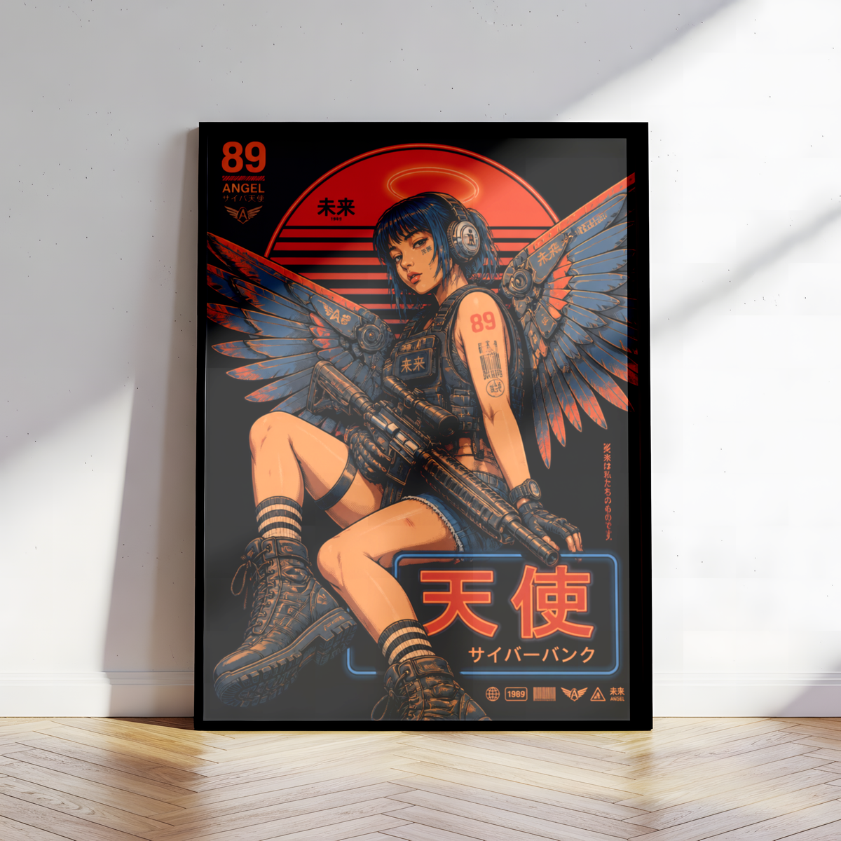 Cyberpunk Angel Girl Poster, Futuristic Neon Wall Art, Japanese Sci Fi Print, Dark Techwear Decor