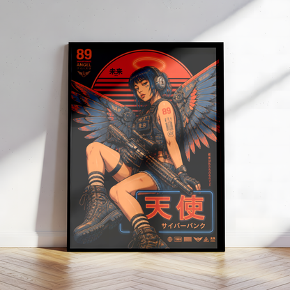 Cyberpunk Angel Girl Poster, Futuristic Neon Wall Art, Japanese Sci Fi Print, Dark Techwear Decor