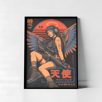 Cyberpunk Angel Girl Poster, Futuristic Neon Wall Art, Japanese Sci Fi Print, Dark Techwear Decor