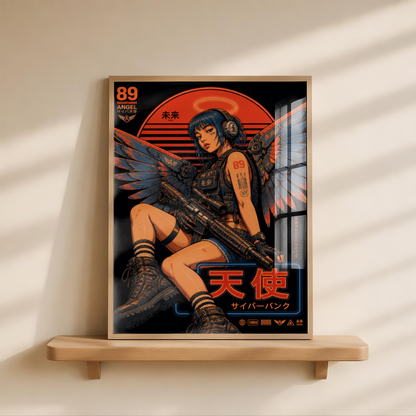 Cyberpunk Angel Girl Poster, Futuristic Neon Wall Art, Japanese Sci Fi Print, Dark Techwear Decor