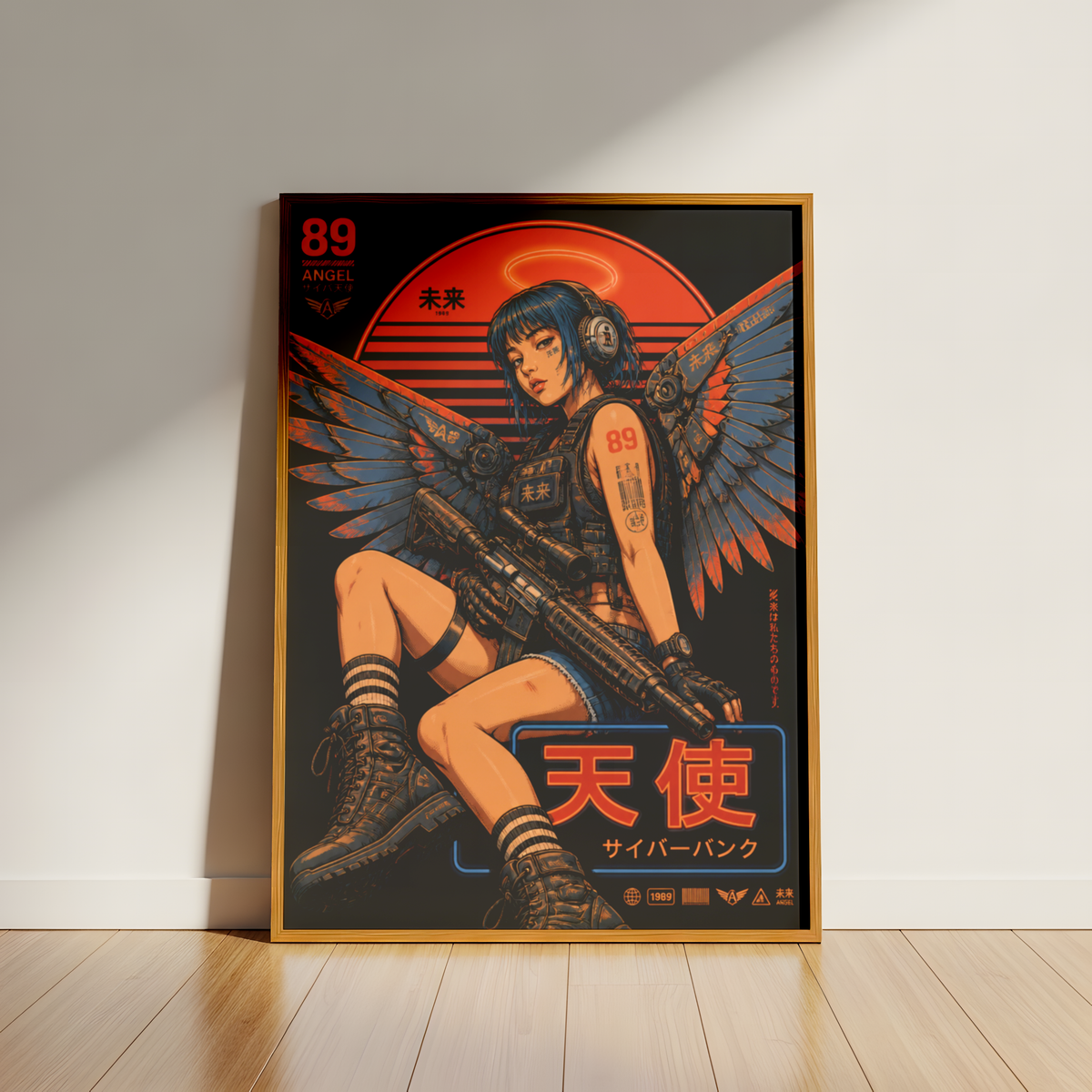 Cyberpunk Angel Girl Poster, Futuristic Neon Wall Art, Japanese Sci Fi Print, Dark Techwear Decor
