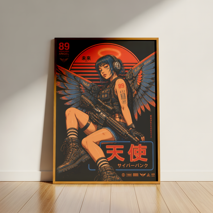 Cyberpunk Angel Girl Poster, Futuristic Neon Wall Art, Japanese Sci Fi Print, Dark Techwear Decor