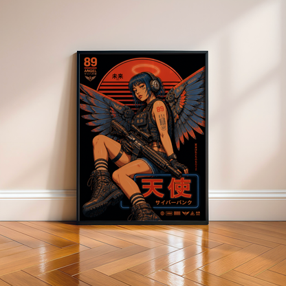 Cyberpunk Angel Girl Poster, Futuristic Neon Wall Art, Japanese Sci Fi Print, Dark Techwear Decor