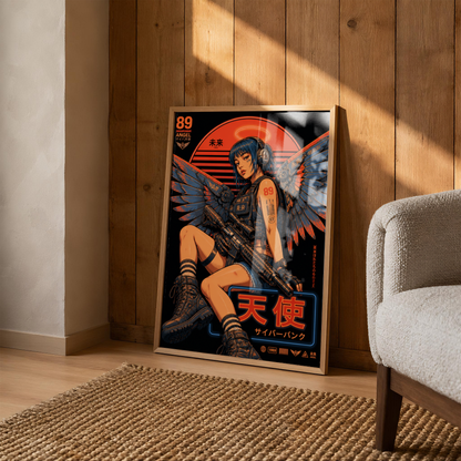 Cyberpunk Angel Girl Poster, Futuristic Neon Wall Art, Japanese Sci Fi Print, Dark Techwear Decor