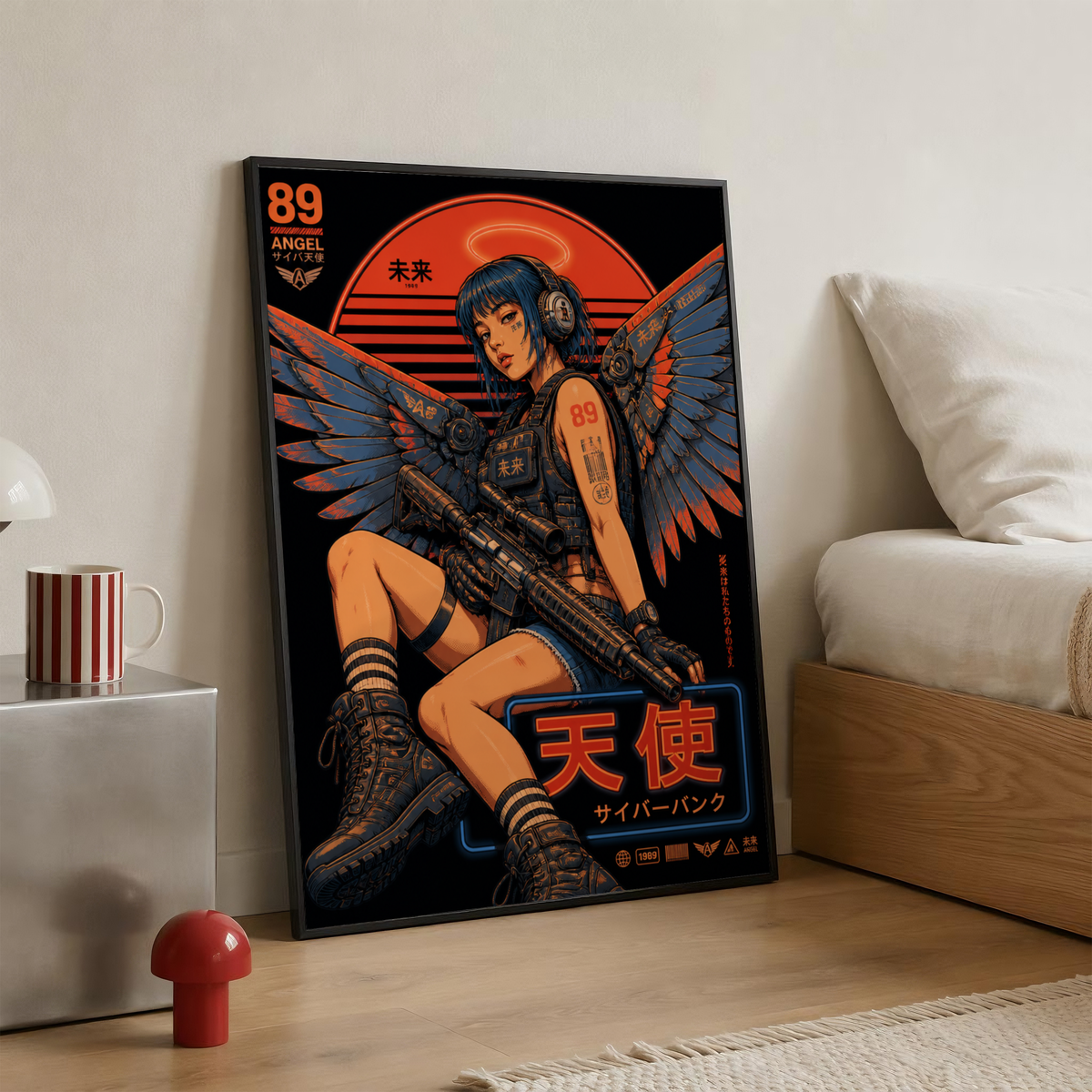 Cyberpunk Angel Girl Poster, Futuristic Neon Wall Art, Japanese Sci Fi Print, Dark Techwear Decor