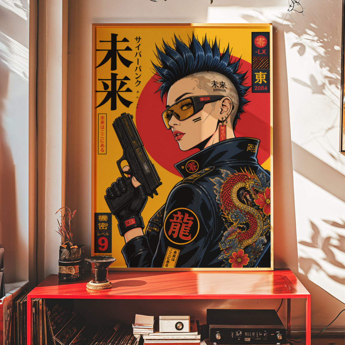Cyberpunk Girl Poster, Future Tokyo Wall Art, Japanese Dragon Print, Retro Futurism, Neon Street Style Decor