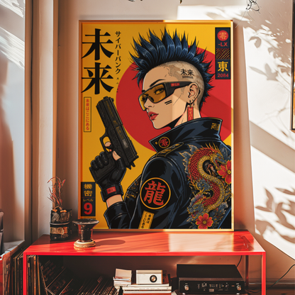 Cyberpunk Girl Poster, Future Tokyo Wall Art, Japanese Dragon Print, Retro Futurism, Neon Street Style Decor