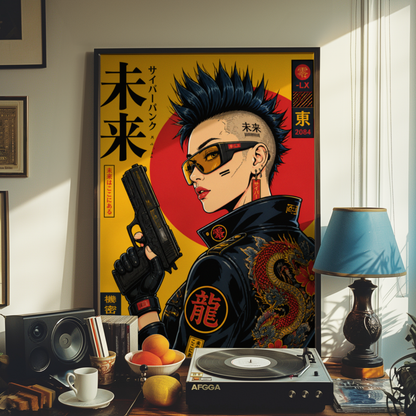 Cyberpunk Girl Poster, Future Tokyo Wall Art, Japanese Dragon Print, Retro Futurism, Neon Street Style Decor