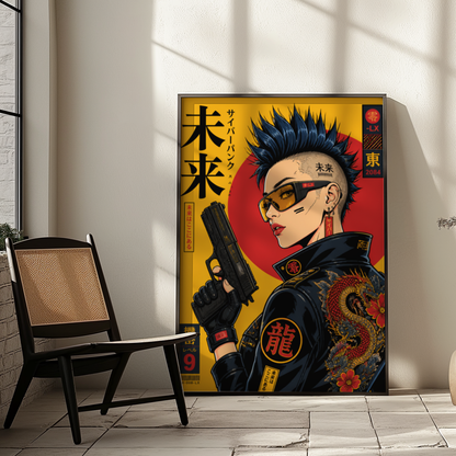 Cyberpunk Girl Poster, Future Tokyo Wall Art, Japanese Dragon Print, Retro Futurism, Neon Street Style Decor