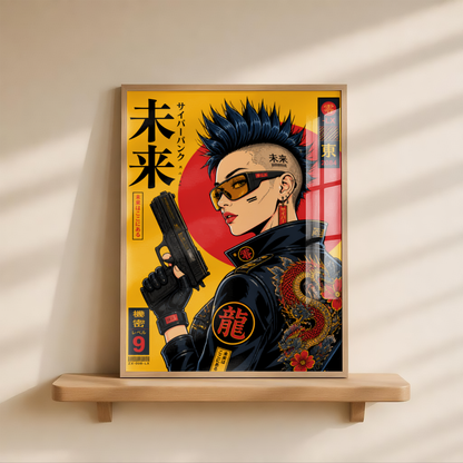 Cyberpunk Girl Poster, Future Tokyo Wall Art, Japanese Dragon Print, Retro Futurism, Neon Street Style Decor