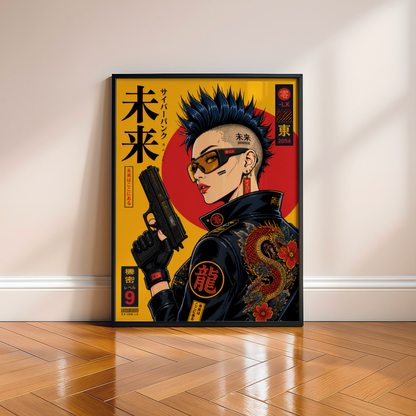 Cyberpunk Girl Poster, Future Tokyo Wall Art, Japanese Dragon Print, Retro Futurism, Neon Street Style Decor