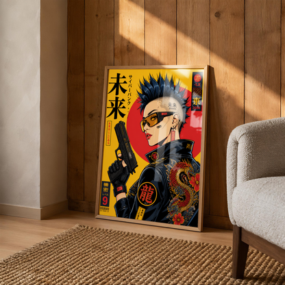 Cyberpunk Girl Poster, Future Tokyo Wall Art, Japanese Dragon Print, Retro Futurism, Neon Street Style Decor