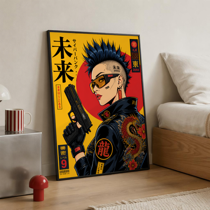 Cyberpunk Girl Poster, Future Tokyo Wall Art, Japanese Dragon Print, Retro Futurism, Neon Street Style Decor
