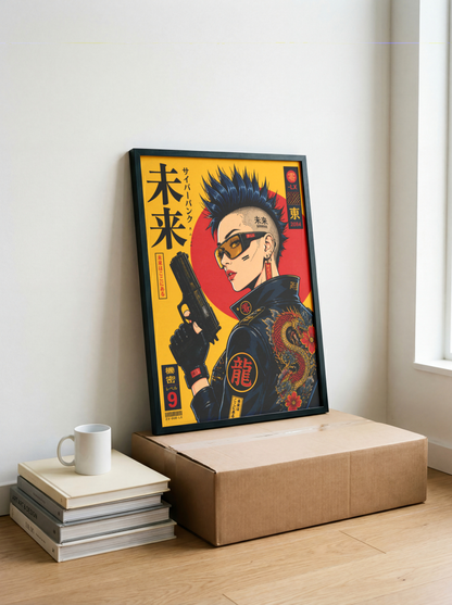 Cyberpunk Girl Poster, Future Tokyo Wall Art, Japanese Dragon Print, Retro Futurism, Neon Street Style Decor