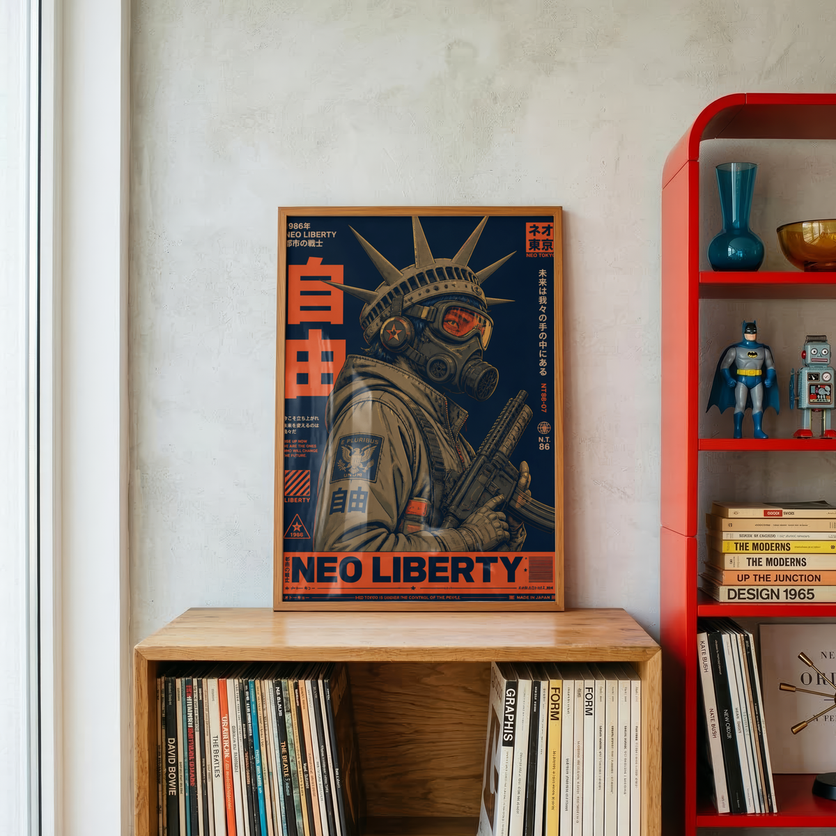 Neo Tokyo Cyberpunk Warrior Poster, Futuristic Gas Mask Wall Art, Japanese Dystopian Retro Futurism Decor