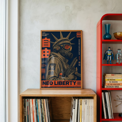 Neo Tokyo Cyberpunk Warrior Poster, Futuristic Gas Mask Wall Art, Japanese Dystopian Retro Futurism Decor