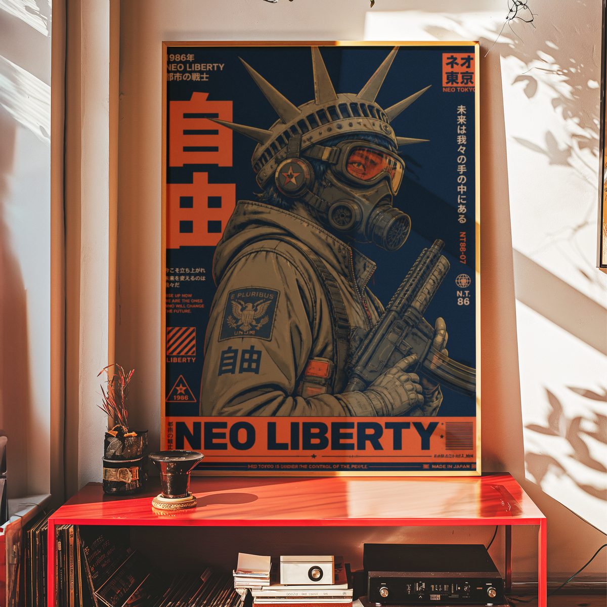 Neo Tokyo Cyberpunk Warrior Poster, Futuristic Gas Mask Wall Art, Japanese Dystopian Retro Futurism Decor