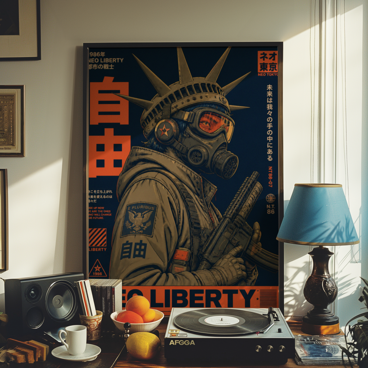 Neo Tokyo Cyberpunk Warrior Poster, Futuristic Gas Mask Wall Art, Japanese Dystopian Retro Futurism Decor
