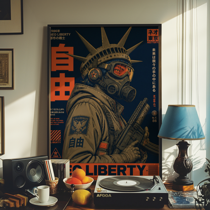 Neo Tokyo Cyberpunk Warrior Poster, Futuristic Gas Mask Wall Art, Japanese Dystopian Retro Futurism Decor