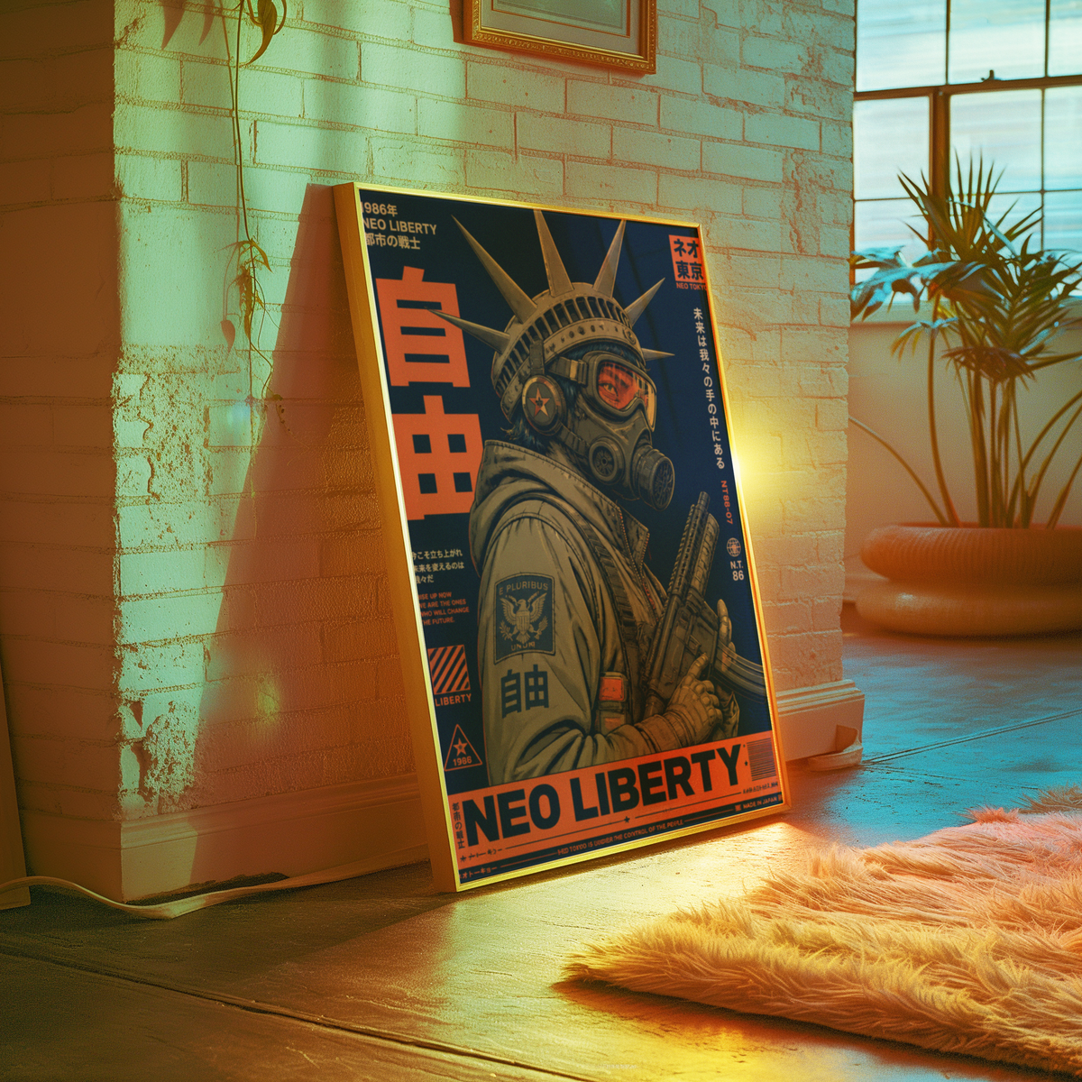 Neo Tokyo Cyberpunk Warrior Poster, Futuristic Gas Mask Wall Art, Japanese Dystopian Retro Futurism Decor