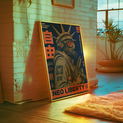 Neo Tokyo Cyberpunk Warrior Poster, Futuristic Gas Mask Wall Art, Japanese Dystopian Retro Futurism Decor