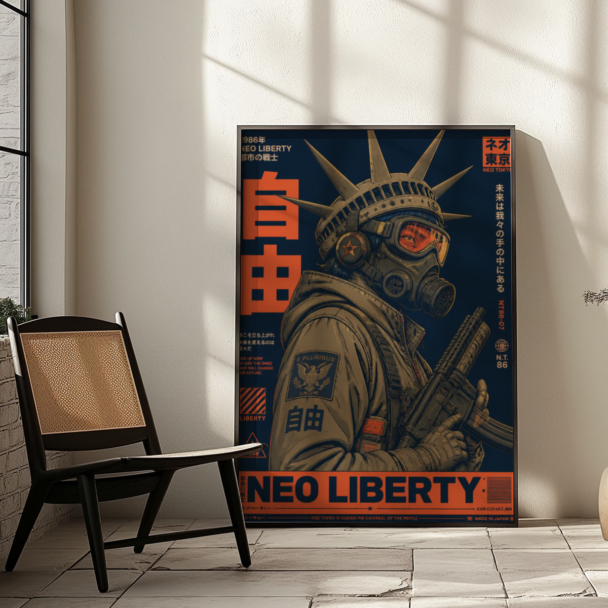 Neo Tokyo Cyberpunk Warrior Poster, Futuristic Gas Mask Wall Art, Japanese Dystopian Retro Futurism Decor