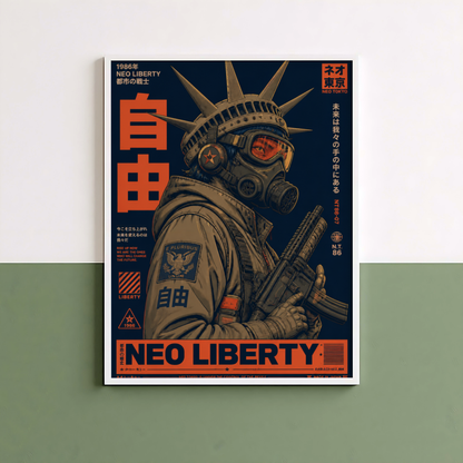 Neo Tokyo Cyberpunk Warrior Poster, Futuristic Gas Mask Wall Art, Japanese Dystopian Retro Futurism Decor