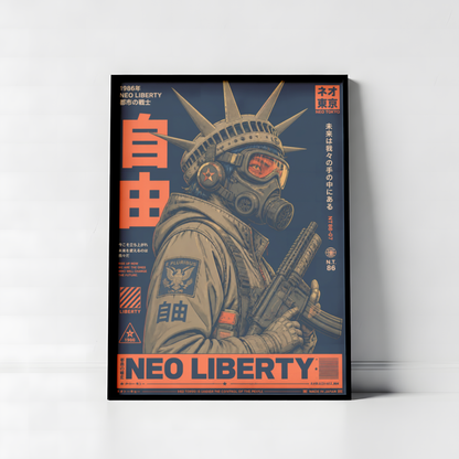 Neo Tokyo Cyberpunk Warrior Poster, Futuristic Gas Mask Wall Art, Japanese Dystopian Retro Futurism Decor