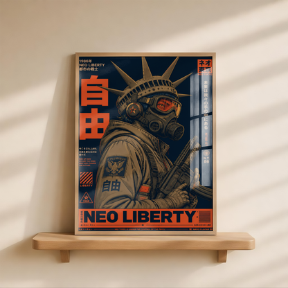 Neo Tokyo Cyberpunk Warrior Poster, Futuristic Gas Mask Wall Art, Japanese Dystopian Retro Futurism Decor