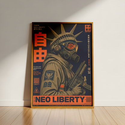Neo Tokyo Cyberpunk Warrior Poster, Futuristic Gas Mask Wall Art, Japanese Dystopian Retro Futurism Decor
