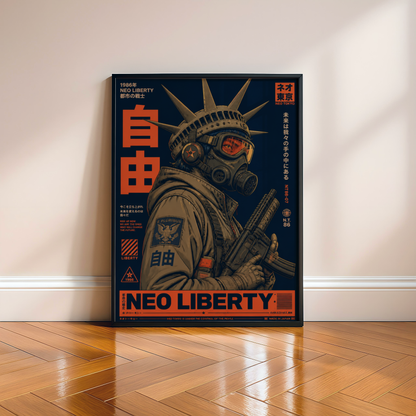 Neo Tokyo Cyberpunk Warrior Poster, Futuristic Gas Mask Wall Art, Japanese Dystopian Retro Futurism Decor