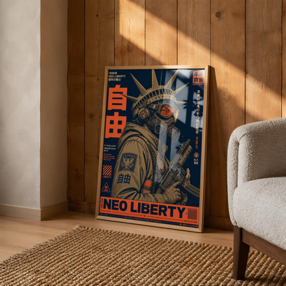 Neo Tokyo Cyberpunk Warrior Poster, Futuristic Gas Mask Wall Art, Japanese Dystopian Retro Futurism Decor