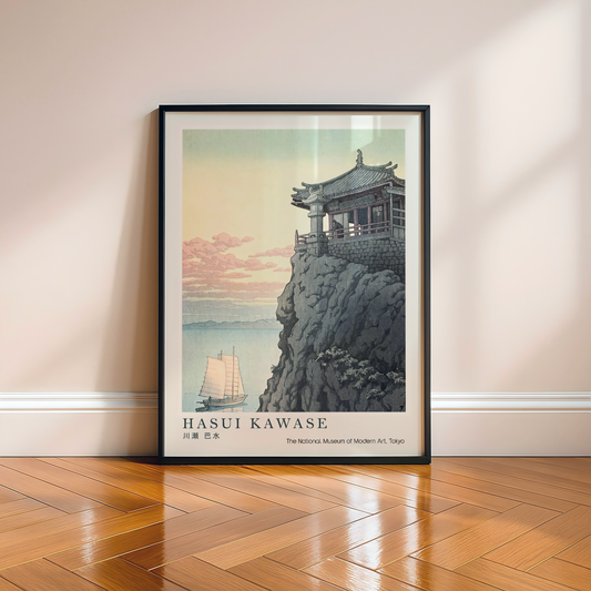 Hasui Kawase Japanese Woodblock Print, Temple on a Rocky Cliff by the Sea, Vintage Japanese Art, Coastal Wall Decor