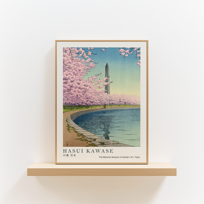 Hasui Kawase Japanese Woodblock Print, Cherry Blossoms by a Reflecting Pond, Vintage Japanese Landscape Art Poster