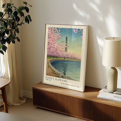 Hasui Kawase Japanese Woodblock Print, Cherry Blossoms by a Reflecting Pond, Vintage Japanese Landscape Art Poster