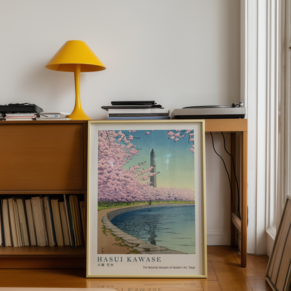 Hasui Kawase Japanese Woodblock Print, Cherry Blossoms by a Reflecting Pond, Vintage Japanese Landscape Art Poster