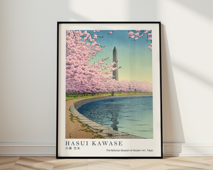 Hasui Kawase Japanese Woodblock Print, Cherry Blossoms by a Reflecting Pond, Vintage Japanese Landscape Art Poster