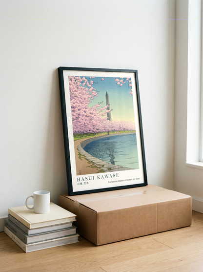 Hasui Kawase Japanese Woodblock Print, Cherry Blossoms by a Reflecting Pond, Vintage Japanese Landscape Art Poster