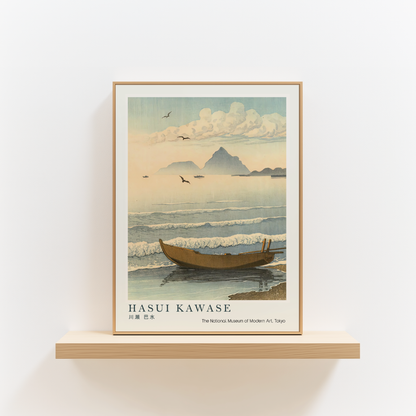 Hasui Kawase Japanese Woodblock Print, Fishing Boat on the Shore with Distant Mountains, Vintage Japanese Coastal Art