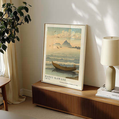 Hasui Kawase Japanese Woodblock Print, Fishing Boat on the Shore with Distant Mountains, Vintage Japanese Coastal Art