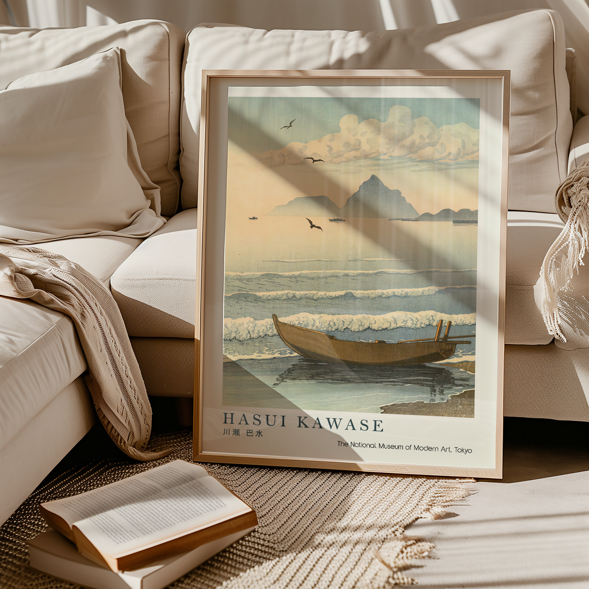 Hasui Kawase Japanese Woodblock Print, Fishing Boat on the Shore with Distant Mountains, Vintage Japanese Coastal Art