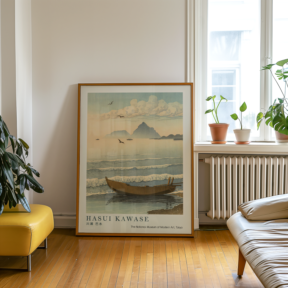 Hasui Kawase Japanese Woodblock Print, Fishing Boat on the Shore with Distant Mountains, Vintage Japanese Coastal Art